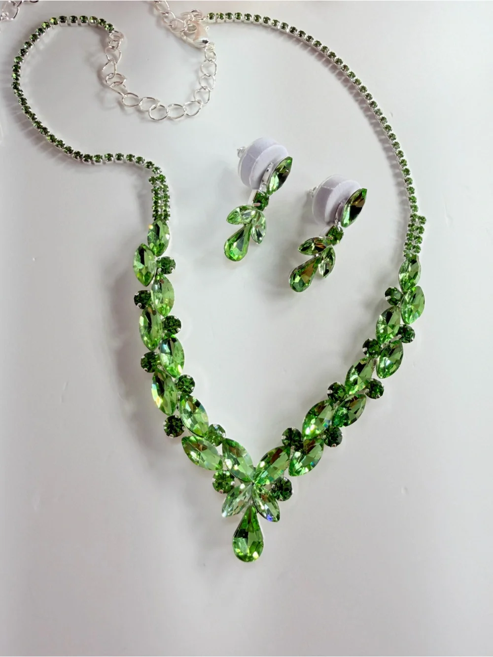 Green Crystal Teardrop Necklace and Earring Set